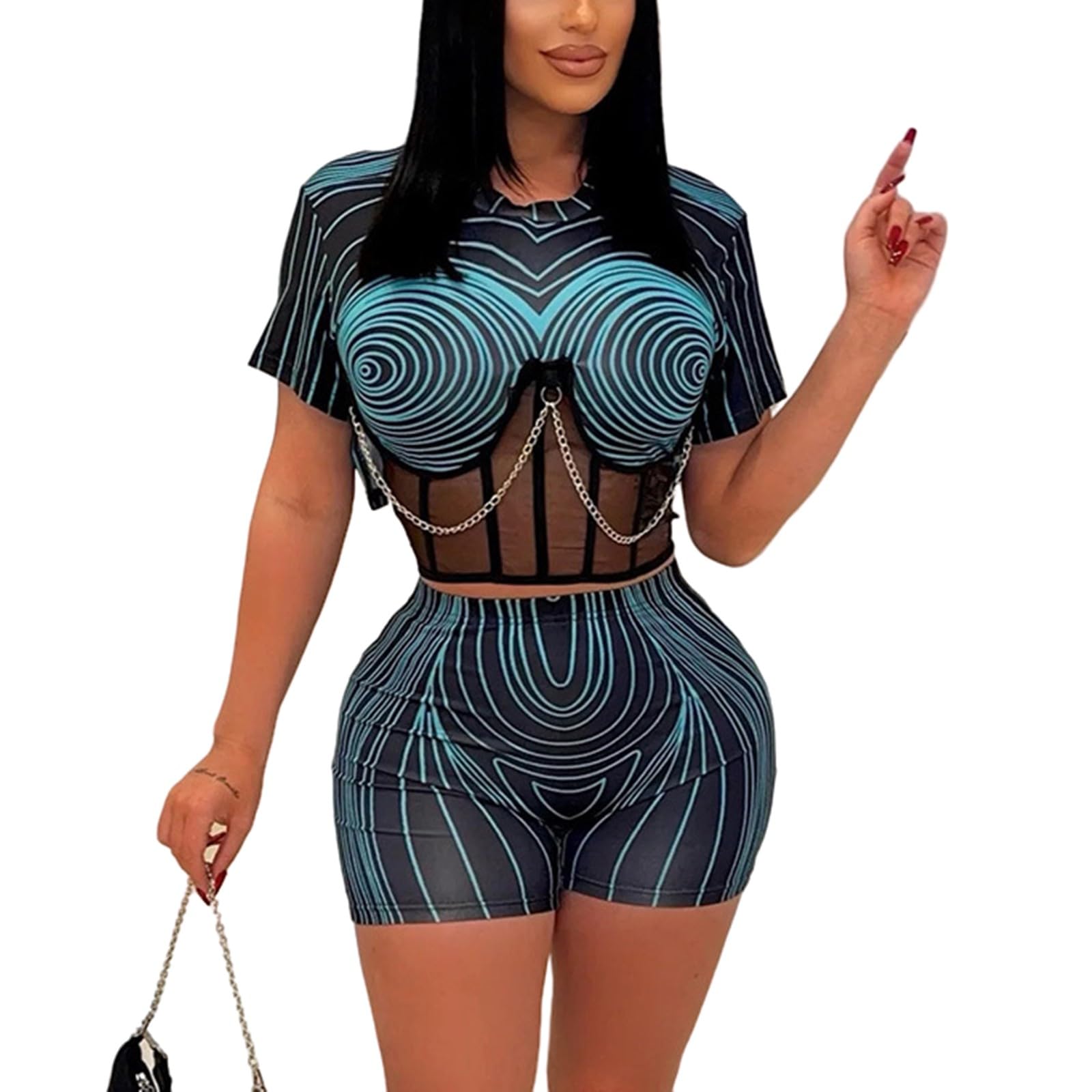Moda Damska Mesh Basic Pullover T-Shirt I Szorty Z Wysokim Stanem Na Co Dzień 2-CzęśCiowe Stroje