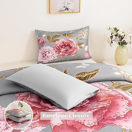 Miniatura 7 de ANGIYUIN Juego de edredón floral rosa tamaño Queen con fundas de almohada