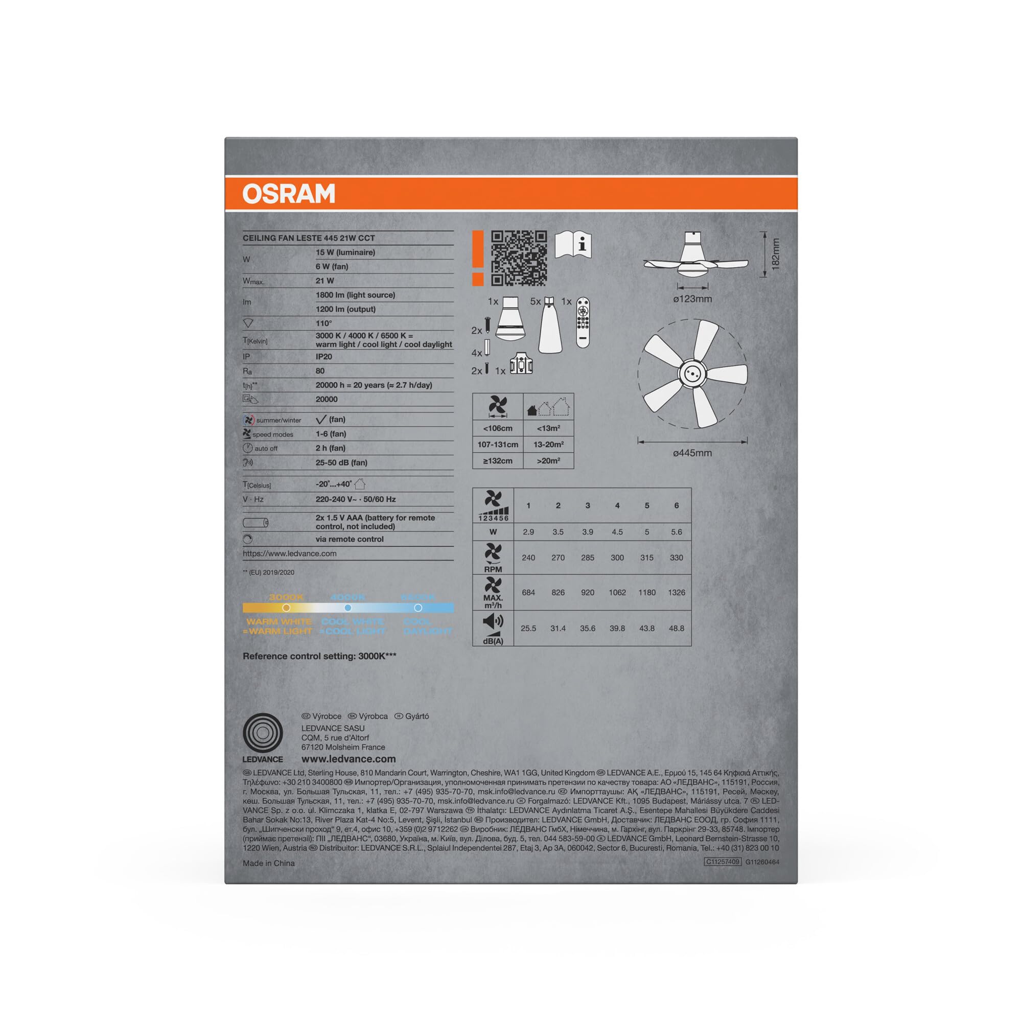 Osram LED-Deckenventilator Leste, Weiss, 21 W, 1.200 lm, 3000/4000/6500 K, 445 mm, 110 ° Abstrahlwinkel, 20.000 h Lebensdauer, IP20, dimmbar, Fernbedienung enthalten