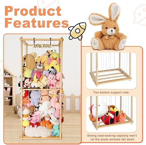 Miniatura 4 de Estante organizador grande de peluche de 63 pulgadas para niños, estante organizador de almacenamiento de felpa de madera con cordón elástico para