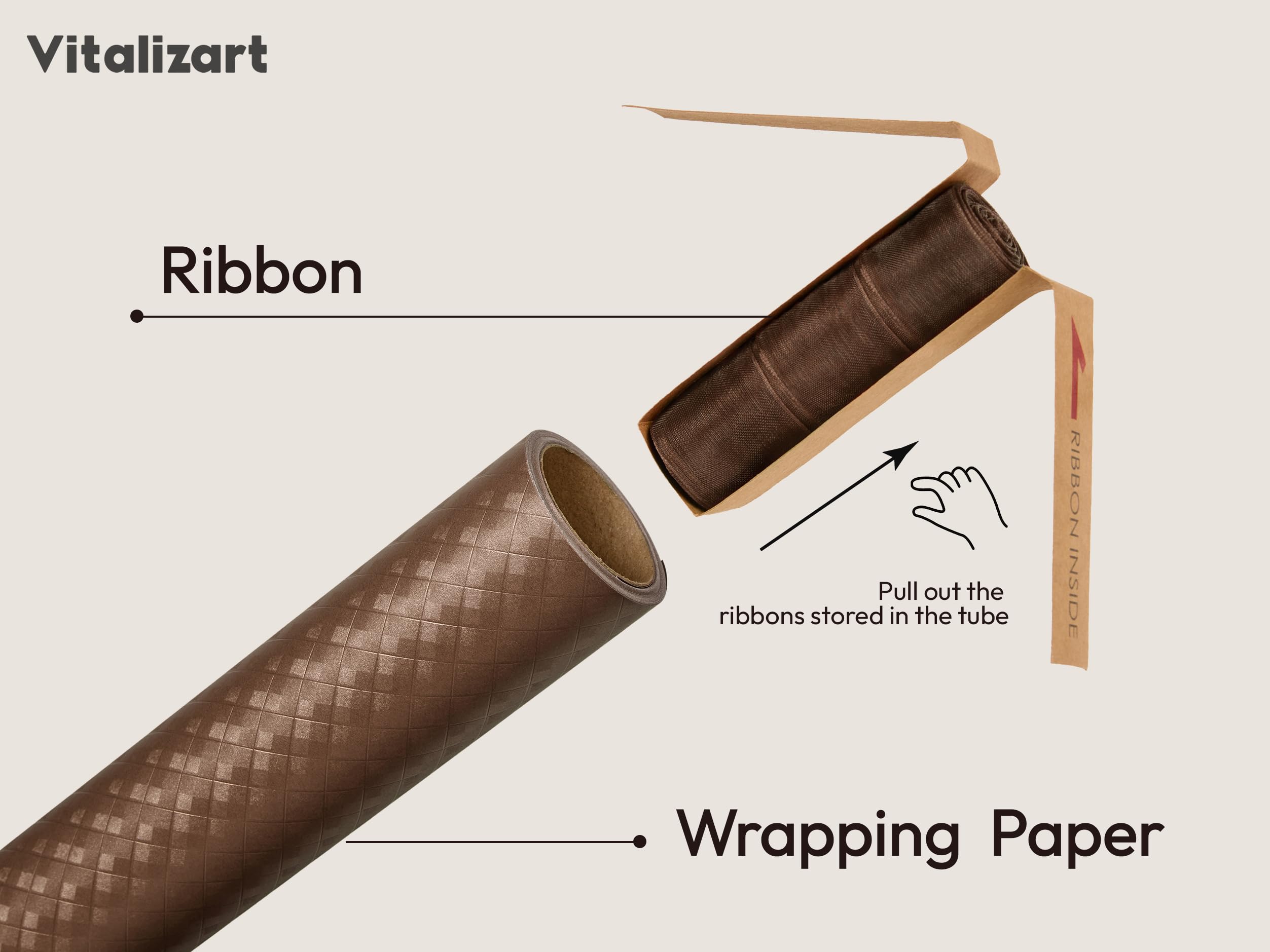 Vitalizart Lot de papier cadeau en treillis métallique marron 76 cm x 5 m avec ruban en organza blanc et étiquettes cadeaux, emballage cadeau pour Noël, anniversaire, fête prénatale, bouquets de