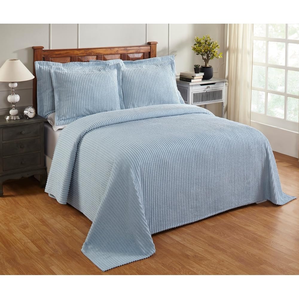 2 Piece Elegant 100% Cotton Tufted Chenille Bedspread Twin Size Heirloom Quality in Stripe Design | All Seasons Light Sky Blue Color Western Bedding Aesthetic Look Soft Plush Cozy Feel
