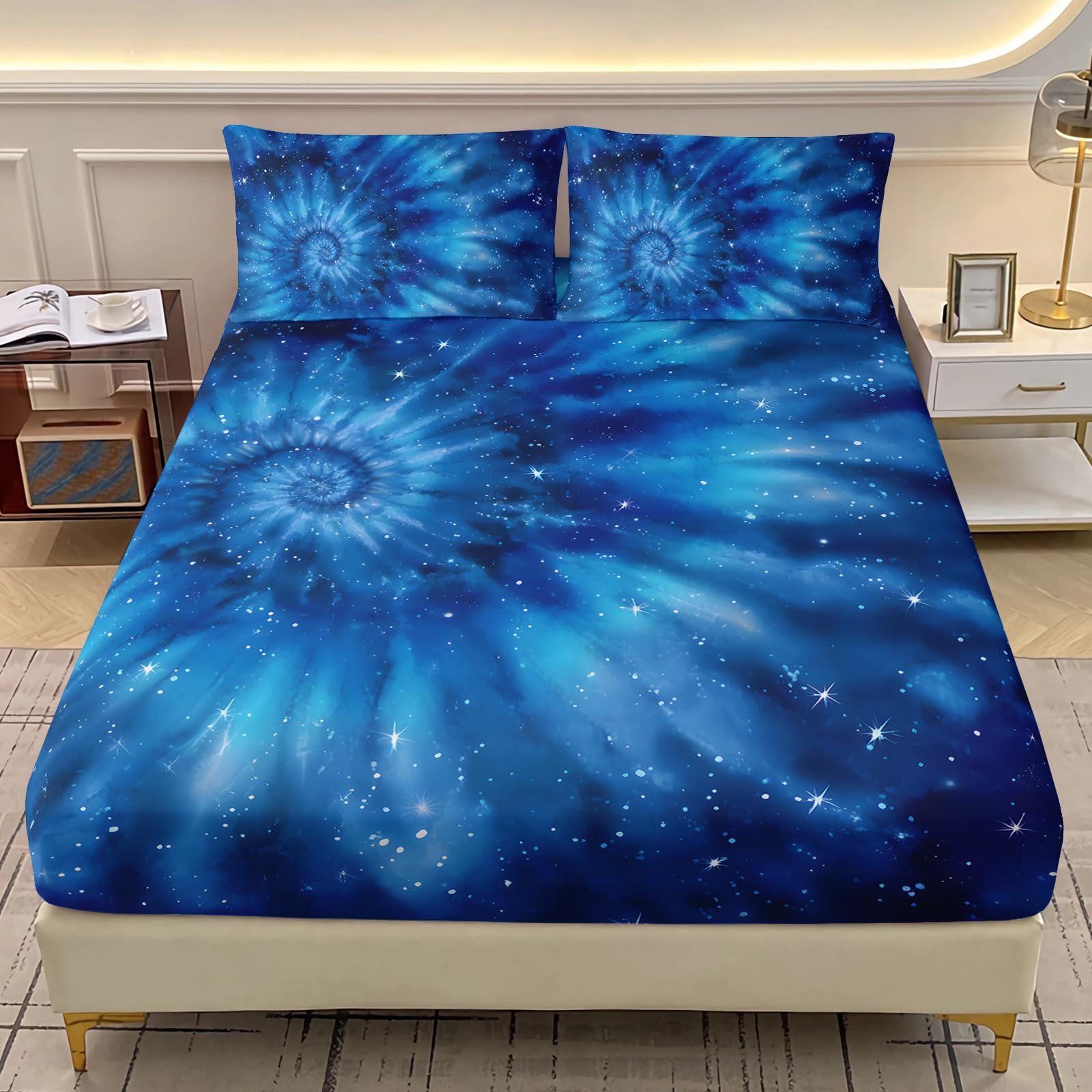 AILONEN Tie Dye Fitted Sheet Set Queen Size,Galaxy Space Bedding Set 3Pcs for Kids Teens Adults,Deep Blue Tie-Dye Spiral Bed Sheet with 2 Pillowcases,All Season