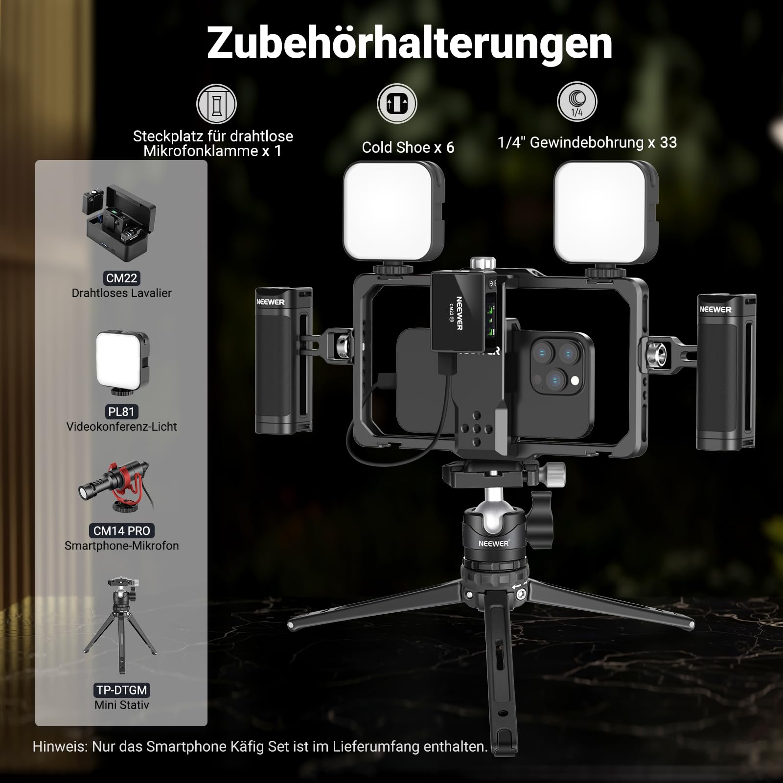 NEEWER Verbessertes Smartphone Rig Vlogging Kit, Videostabilisator, kabelloser Mikrofonclip Steckplatz für TikTok YouTube, kompatibel mit SmallRig iPhone 17 Pro Max 16 16e 15 Galaxy S25 Ultra, PA009