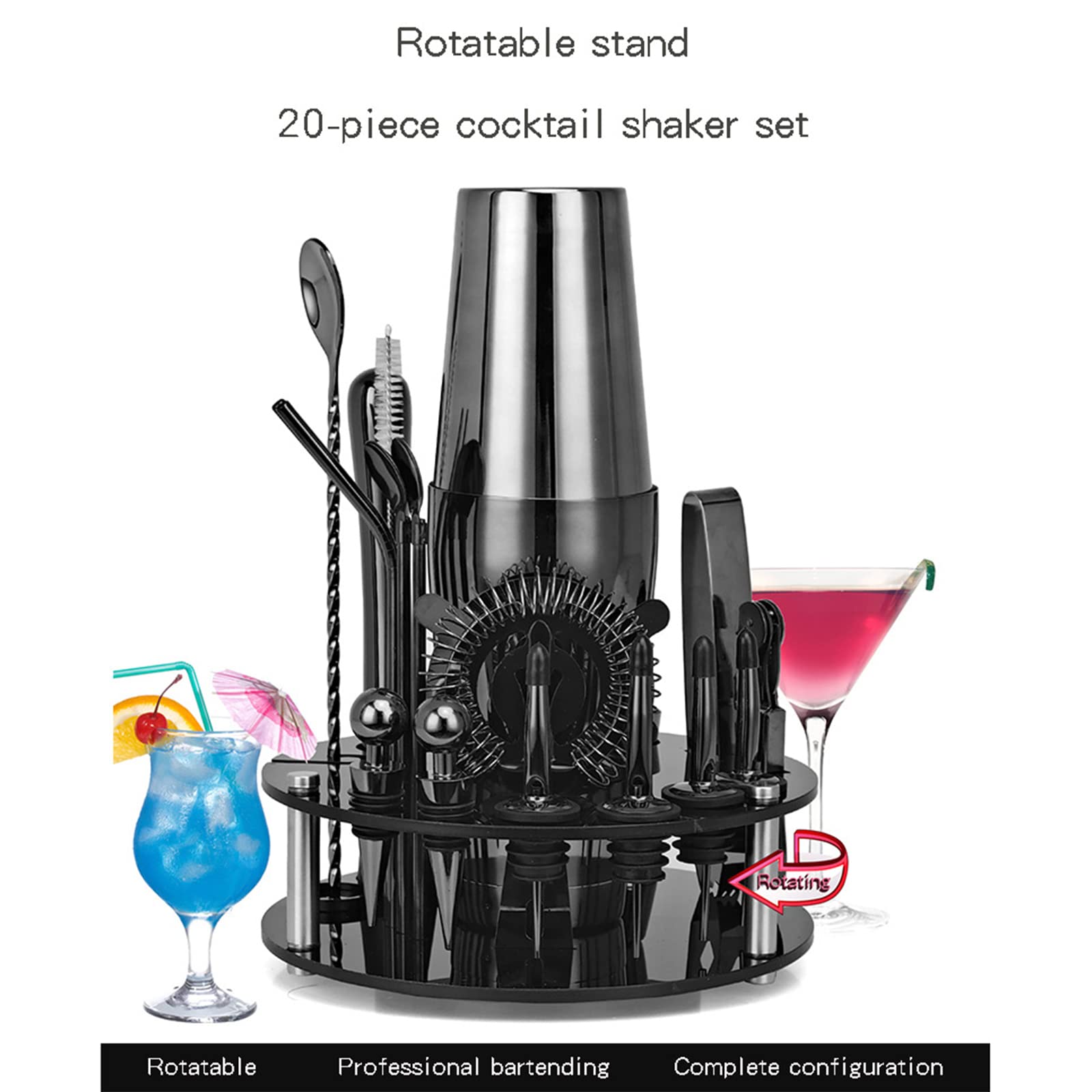 Juego de 20 piezas de cóctel profesional de acero inoxidable, 750/600 ml, batidora de vino, batidora de zumo, herramienta para barman con soporte