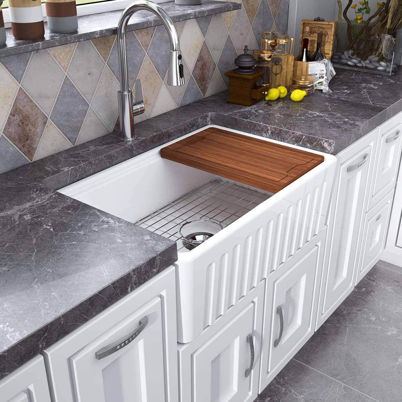 MEJE 76.2 x 50.8 CM Grembiule-front Rim Rim Workstation Farmhouse Lavello da cucina, ciotola singola in ceramica con tagliere, griglia e filtro - bianco