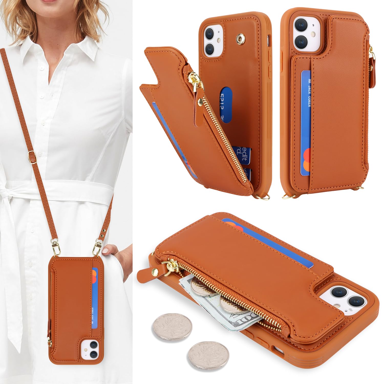 Cavor for iPhone 11 Case Wallet with Card Holder for Women,for iPhone 11 Case with Strap,Crossbody Lanyard and Wristlet,Leather Zipper Pocket Phone Case-Brown