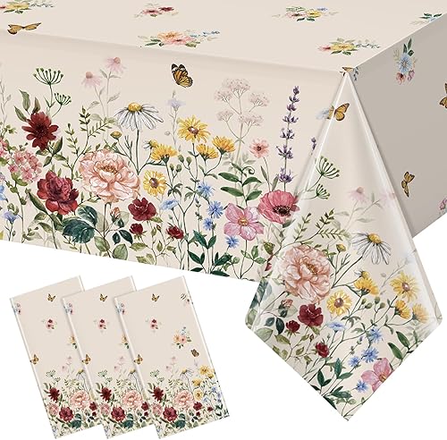 3 manteles florales de primavera, mantel desechable de plástico con mariposas y flores silvestres, manteles rectangulares para Pascua, cumpleaños,