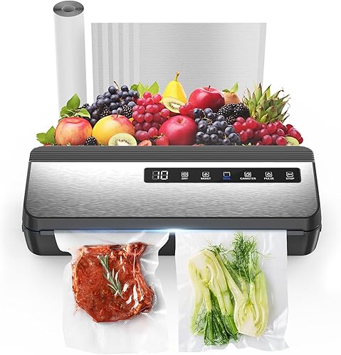 Syaws Sellador al vacío, sellador automático de alimentos, ahorro de vacío de alimentos 9 en 1 con modo secohúmedo, bolsa de rollo y cortador,