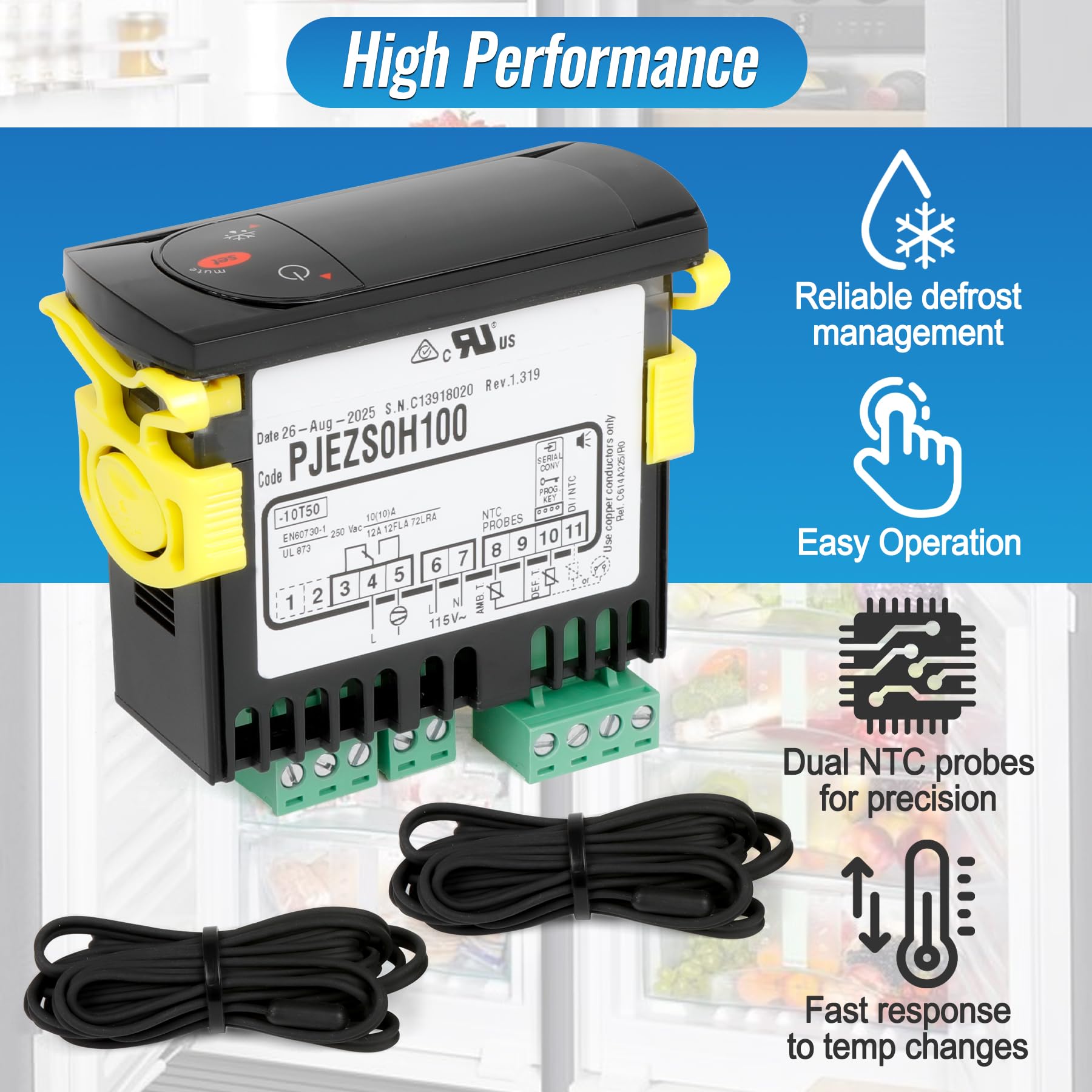 Zamiennik dla Carel PJEZS0H100 regulator temperatury, do lodówek 115 V 50/60 Hz, programowalny termostat cyfrowy z sondą czujnika i osprzętem montażowym