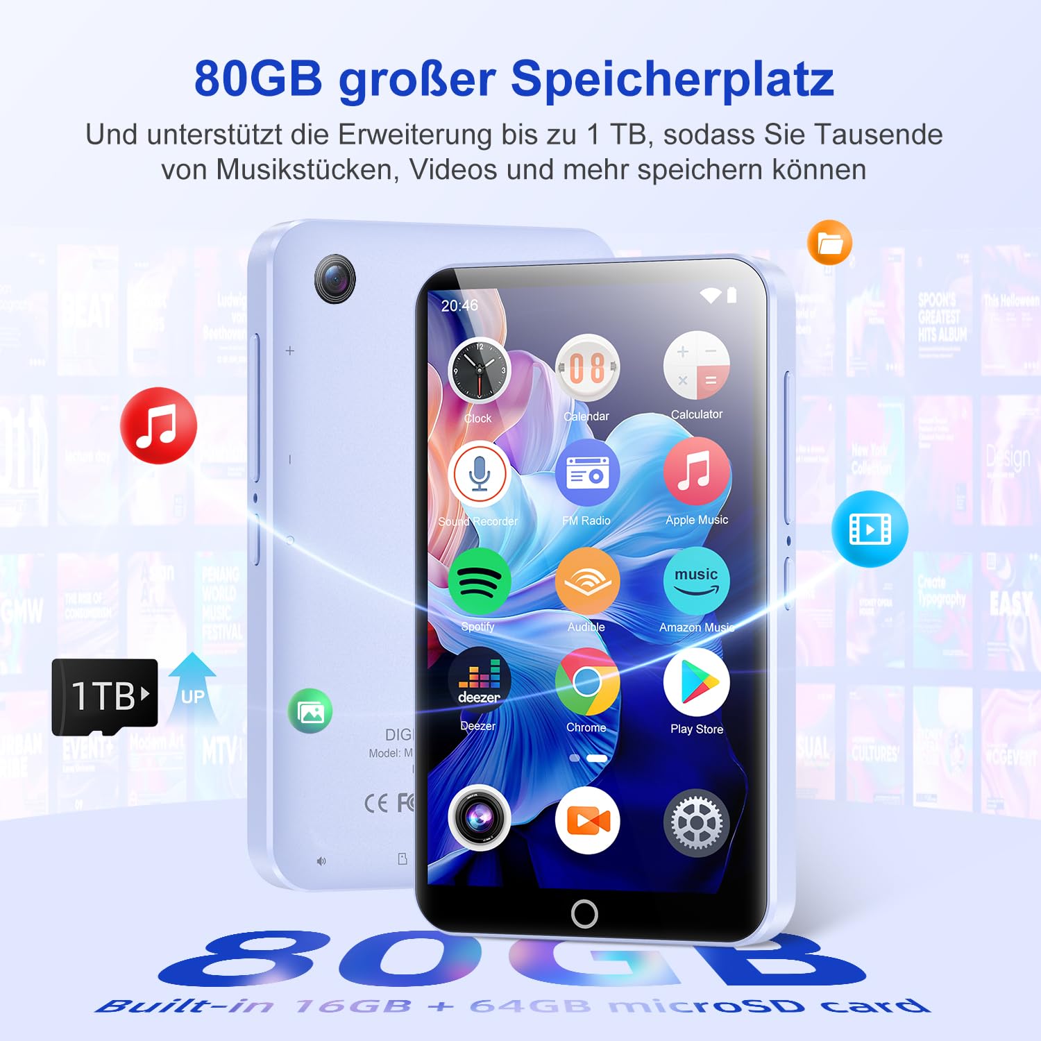 MP3 Player mit Bluetooth WiFi, 80GB MP3-Player mit Kamera, Android MP4 Player mit Spotify, Audible, Amazon Music, Deezer, 4.02" Touchscreen Kinder MP3 Player Musik Player mit Lautsprecher, FM Radio