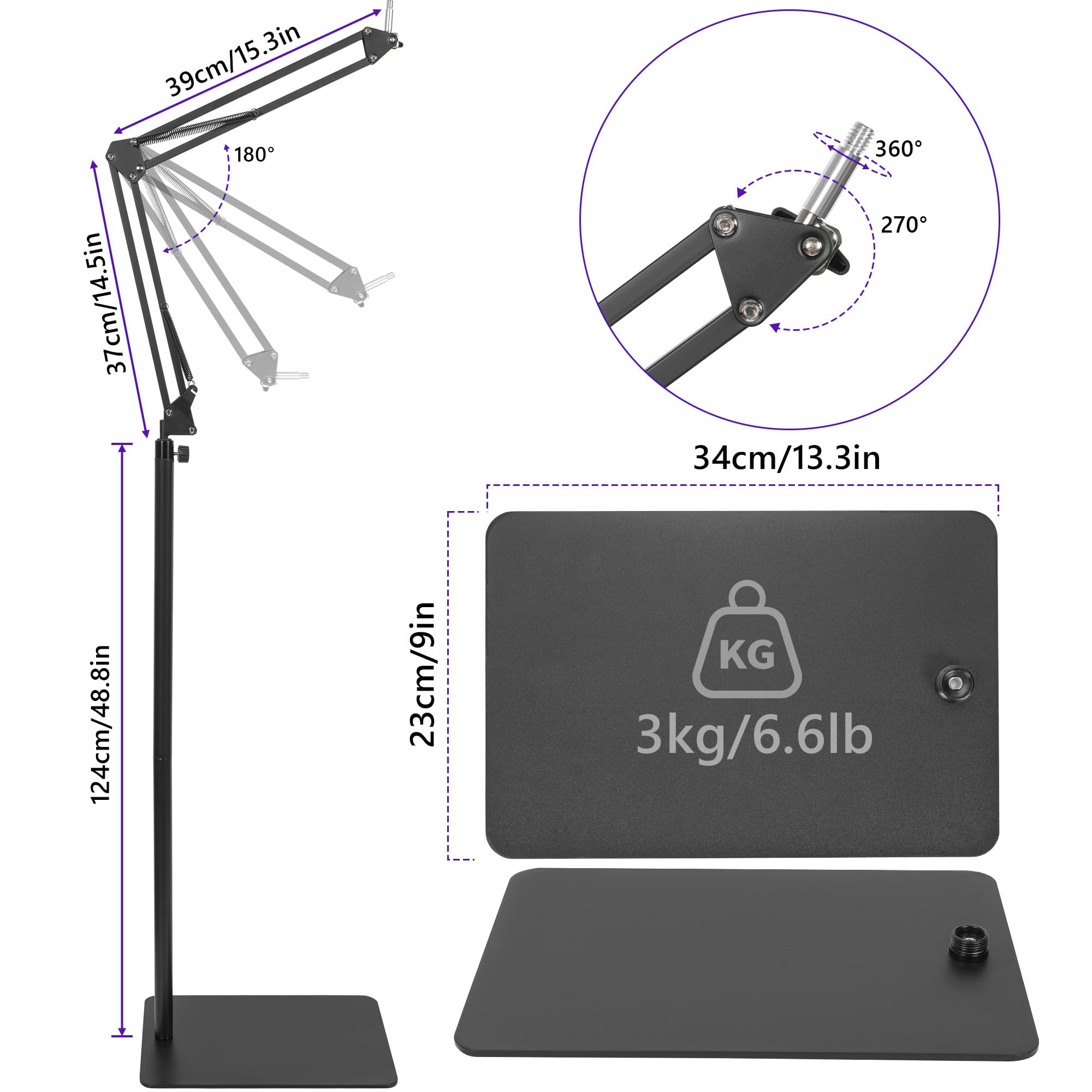 AKOZLIN - Supporto per microfono con braccio a forbice da terra, con base pesante, altezza regolabile da 40 a 120 cm, con adattatore da 3/8" a 5/8" e 1/4", filtro pop, clip per microfono e fascette