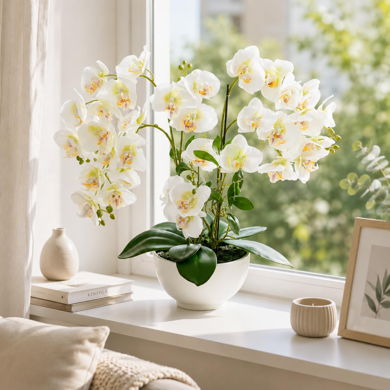 PASCH Orquídea artificial XXL grande (56 cm) en maceta de cerámica brillante | Orquídeas artificiales | Flores artificiales como reales | Orquídeas artificiales en maceta | Flores artificiales en