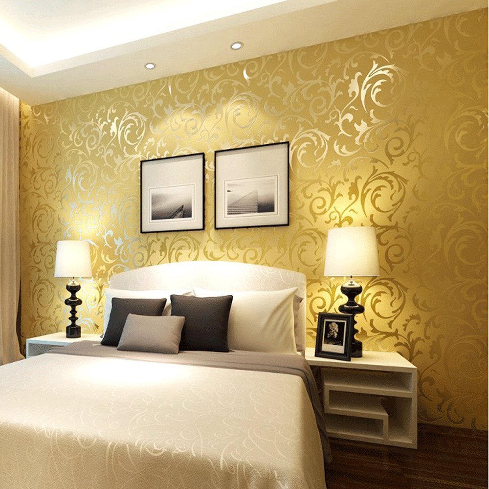 MEAIHOME Modern Victorian Damask Embossed Textured Non-Woven Material Living Room/Bedroom Non-Pasted Gold Wallpaper Roll 1.73'W x 32.8'L - Image 3