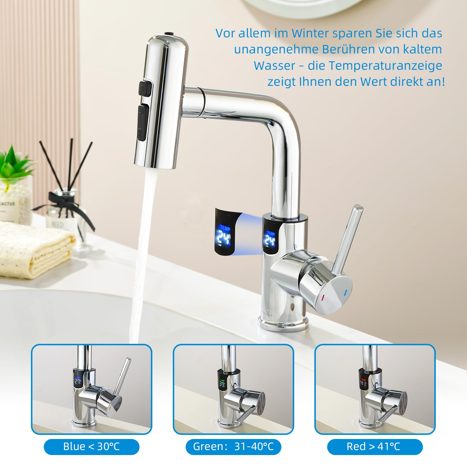 Robinet Salle de Bain Mynaiad avec Indicateur de Température LED, Douchette Extractible, Mitigeur Lavabo Orientable 360°, Robinet Lavabo Monocommande avec 4 Types de Jets,Chromé - 4