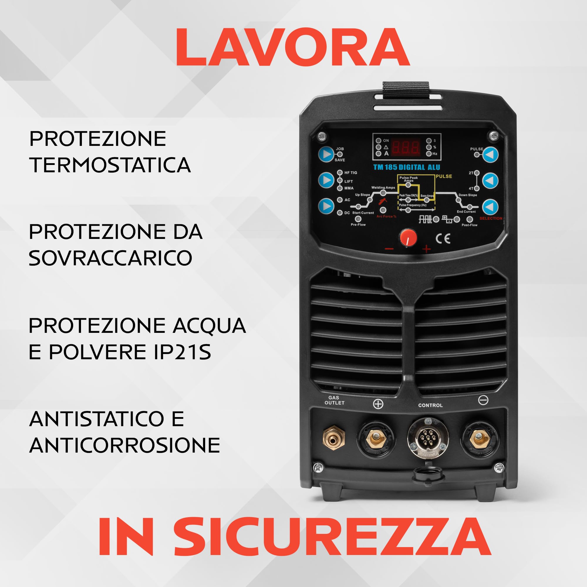 TIGMIG Saldatrice Inverter IGBT AC/DC TIG Pulsata Digitale + DC MMA, 180A, Salda tutti i metalli (anche ALLUMINIO e MAGNESIO), Digitale, MCU 32 bit, TM 185 DIGITAL ALU, Garanzia e Assistenza ITALIA
