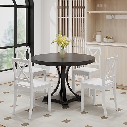 Miniatura 8 de Giantex Juego de 4 sillas de comedor de madera, color blanco, sillas de cocina sin brazos con patas de madera de goma y respaldo curvo, sillas de
