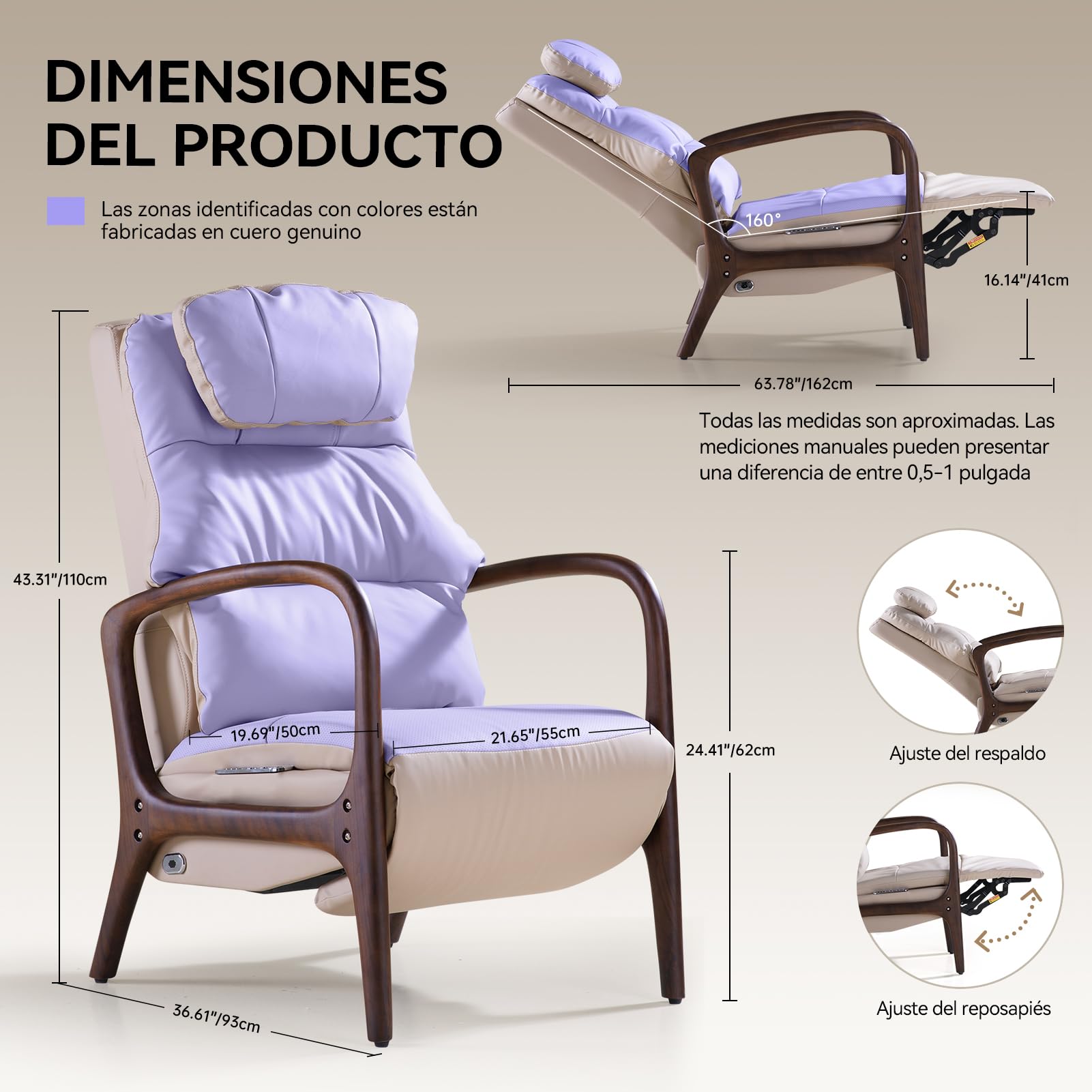 EMIAH Sillón Relax con Reposabrazos de Madera, Sillón con Soporte Lumbar y Función de Estiramiento, Sillón Reclinable Eléctrico con Reclinación y Reposapiés, Sillón TV con Cabezal, Cuero Genuino