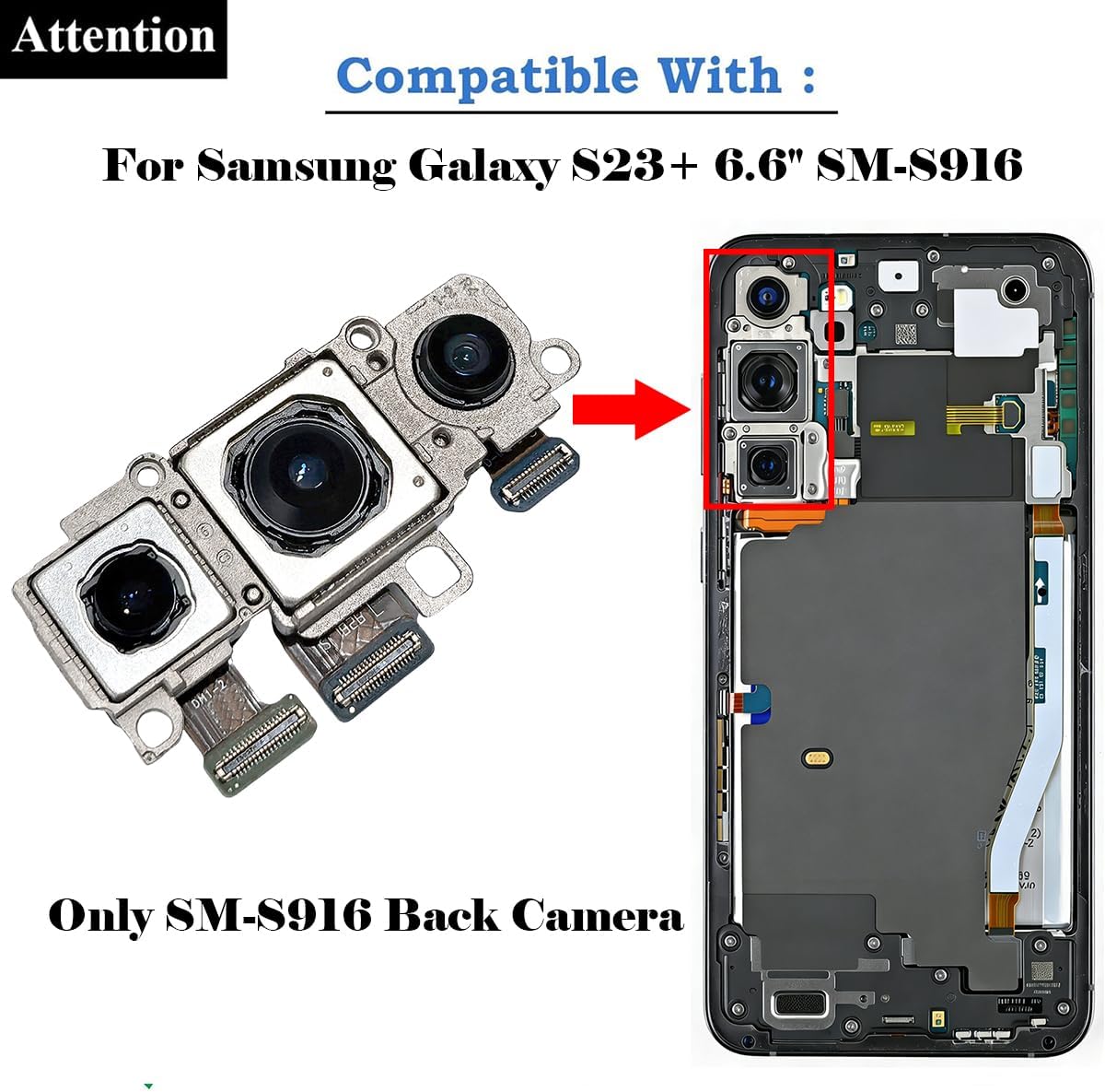 Galaxy S23+ Back Camera Replacement for Samsung Galaxy S23+ 5G SM-S916U S916U1 Rear Big Camera Module S23Plus S916U Full Assembly Repair Part