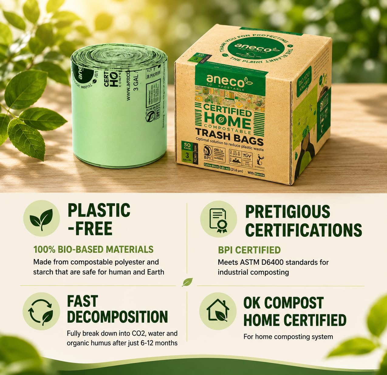 ANECO Bolsas de basura 100% compostables, 3 galones, 100 unidades, biodegradables, extra gruesas, 0,75 mils, bien compost, para casa, certificado BPI y TUV