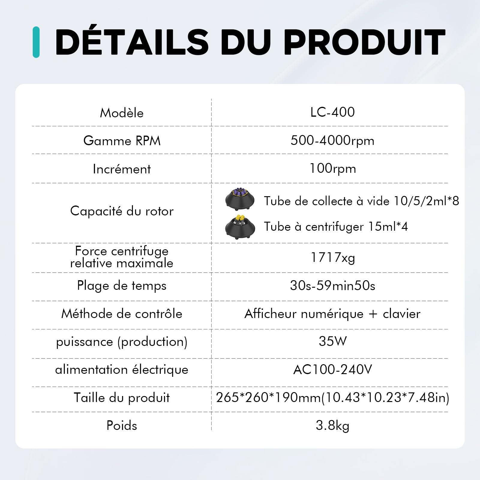 LAB FISH Centrifugeuse PRP LC-400 2ml/5ml/10ml/15ml Tubes De Laboratoire | Contrôle De La Vitesse 500-4000RPM,Max 1717xg | Fonction Minuterie 30sec-59min