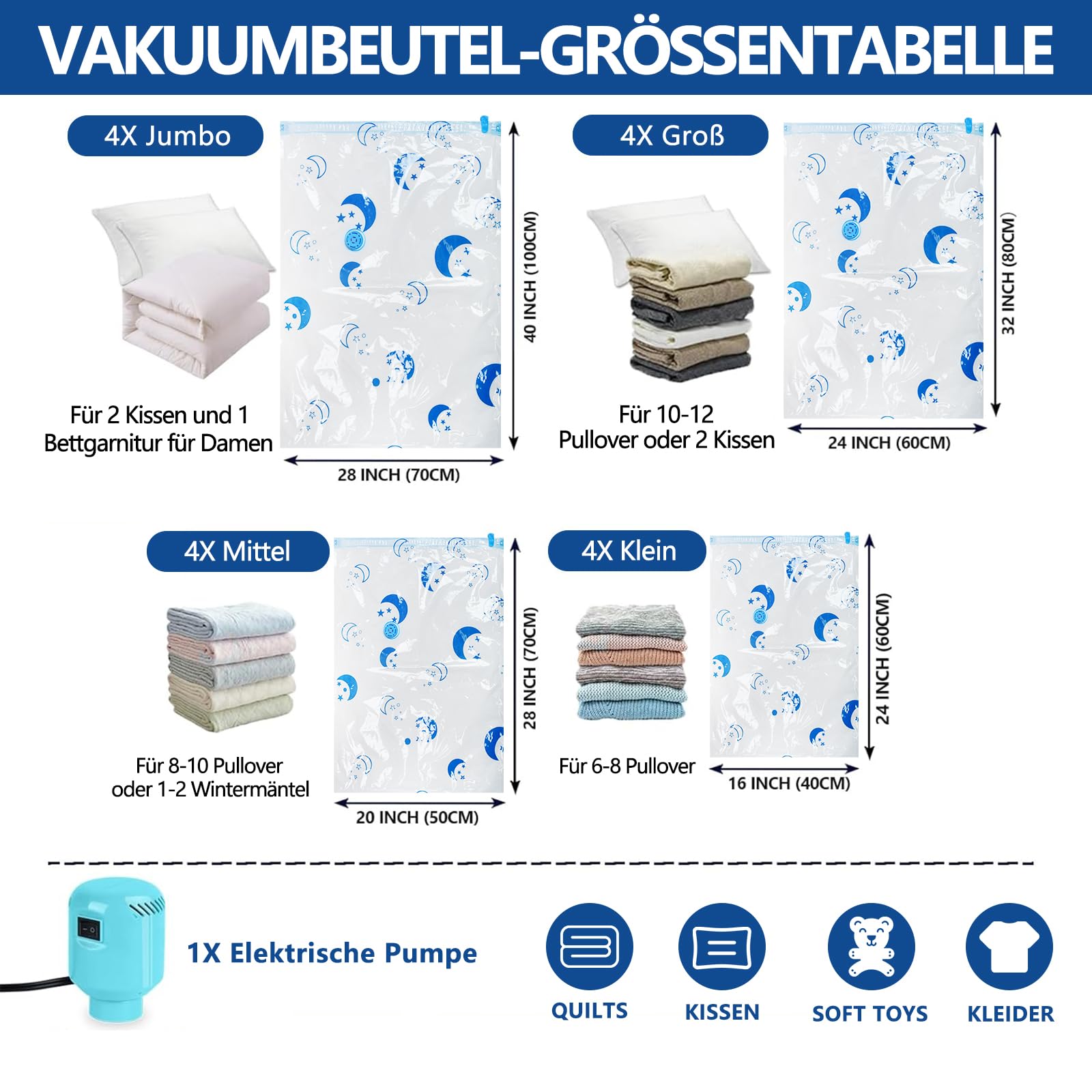 SZO Vakuumbeutel Kleidung Bettdecken elektrische Pumpe 16er Set 4 Größen | Bis zu 80% Platz sparen mit 16 Vakuumbeuteln. Elektrische Pumpe für schnelle Luftabsaugung, ideal für Kleidung und Bettwäsche