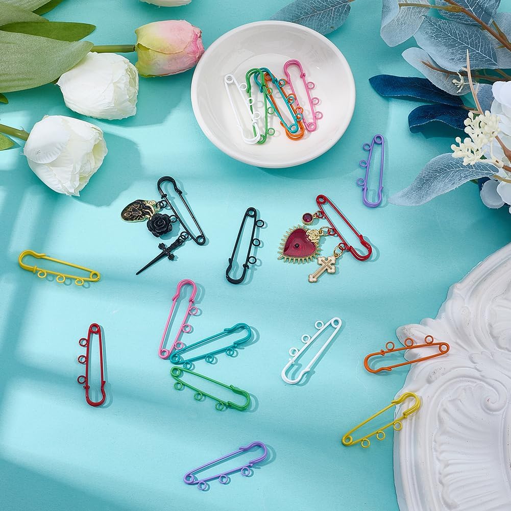 SUNNYCLUE 1 Box 18pcs 9 Colors Safety Pin Brooch Safety Brooch Kilt Pins Colorful Heavy Duty Iron Safety Fastener Kilt Badge Pin Bulk with 3 Loops for Jewelry Making Blankets Clothes DIY Accessories image 4