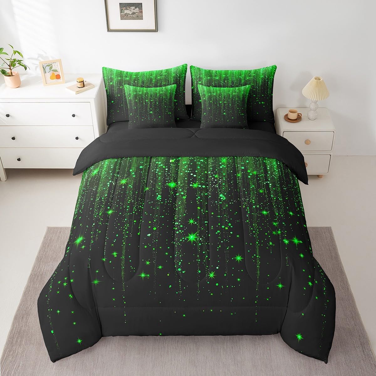 Castle Fairy Flowing Light Lines 7 Pcs Bedding Set Queen Size Soft Reversible Green Black Glitter Comforter Set with Sheets for Adult Kids Boys Girls Teens Abstract Bed in a Bag Stars Galaxy Bed Set