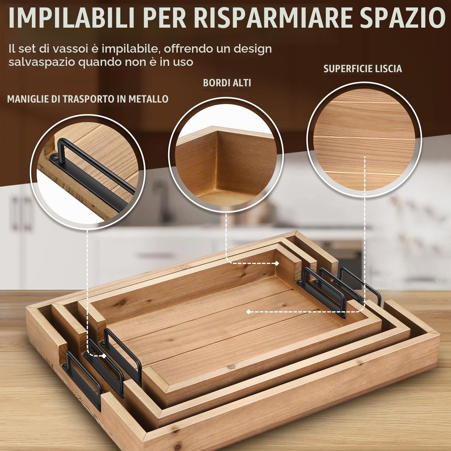 Flexzion Set di 3 vassoi da portata rustici, impilabili in legno di abete con manico, vassoio per la colazione in legno, vassoio per salumi annidato resistente, per tavolino ottomano, set di vassoi