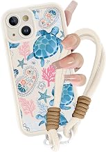 Kueqeay Case with Rope for iPhone 15 Case Aesthetic Summer Turtle White Pattern with Universal Strap Hanging Cord Strap Ropes Camera Protection Girl Mobile Case, 04