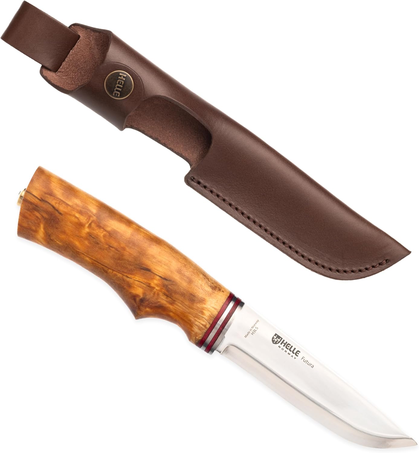 HELLE Knives - Futura - Outdoor Adventure Camping Knife with Sheath, Triple Laminated Stainless Steel Fixed Blade, Curly Birch Handle, Made in Norway