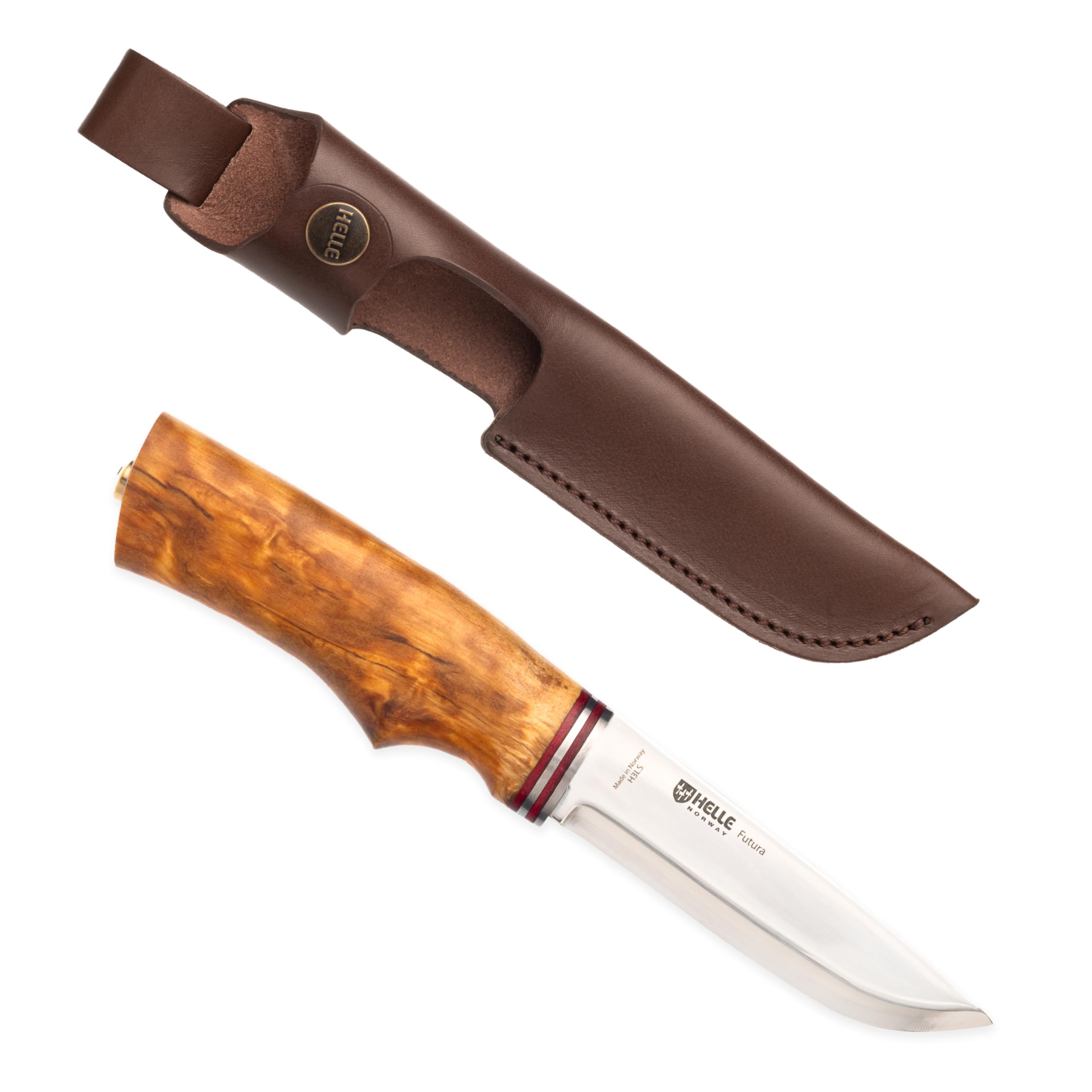 HELLE Knives - Futura - Outdoor Adventure Camping Knife with Sheath, Triple Laminated Stainless Steel Fixed Blade, Curly Birch Handle, Made in Norway