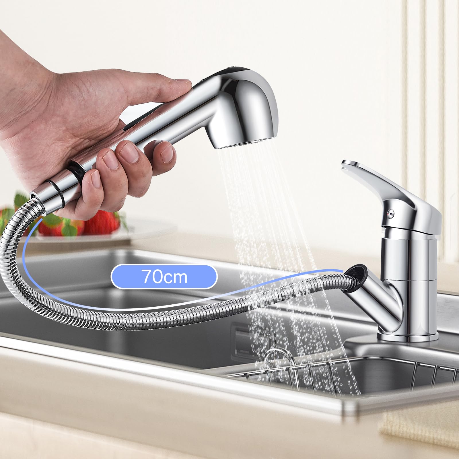 Namuoto Küchenarmatur Ausziehbar, 360° Drehbar Wasserhahn Küche, Spültischarmatur Küche mit Säulentyp Wasserauslass und Duschwasserauslass 2 Modus, Einhandmischer Mischbatterie für Küche Chrom