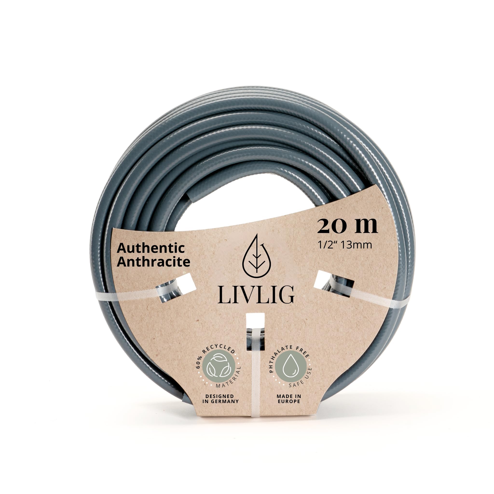 LIVLIG Garden Hose 20m, hosepipes for Garden 1/2 inch Made in Germany, 20m Hose Pipe Made of Recycled PVC, dimensionally Stable, Colour: Anthracite