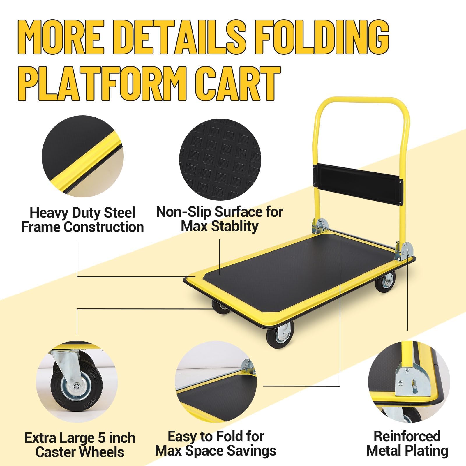 Garvee Camión de plataforma, capacidad de 270 kg, carro de mano de plataforma resistente con ruedas de freno TPR de 15 cm, carrito plegable multiusos para carga y almacenamiento, garaje, almacén