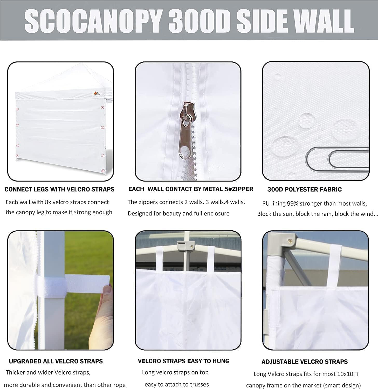 SCOCANOPY Door for 10x10 Canopy Frame Two Central Zipper Design for Easy Entry and Exit,1 Pack Sunwall Only,White