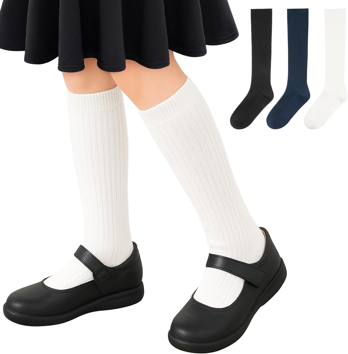Stelle Girls Knee High Socks Cotton School Uniform Socks 3 Pairs Long Soft Seamless Sock for Kids Toddler 3-18 Years