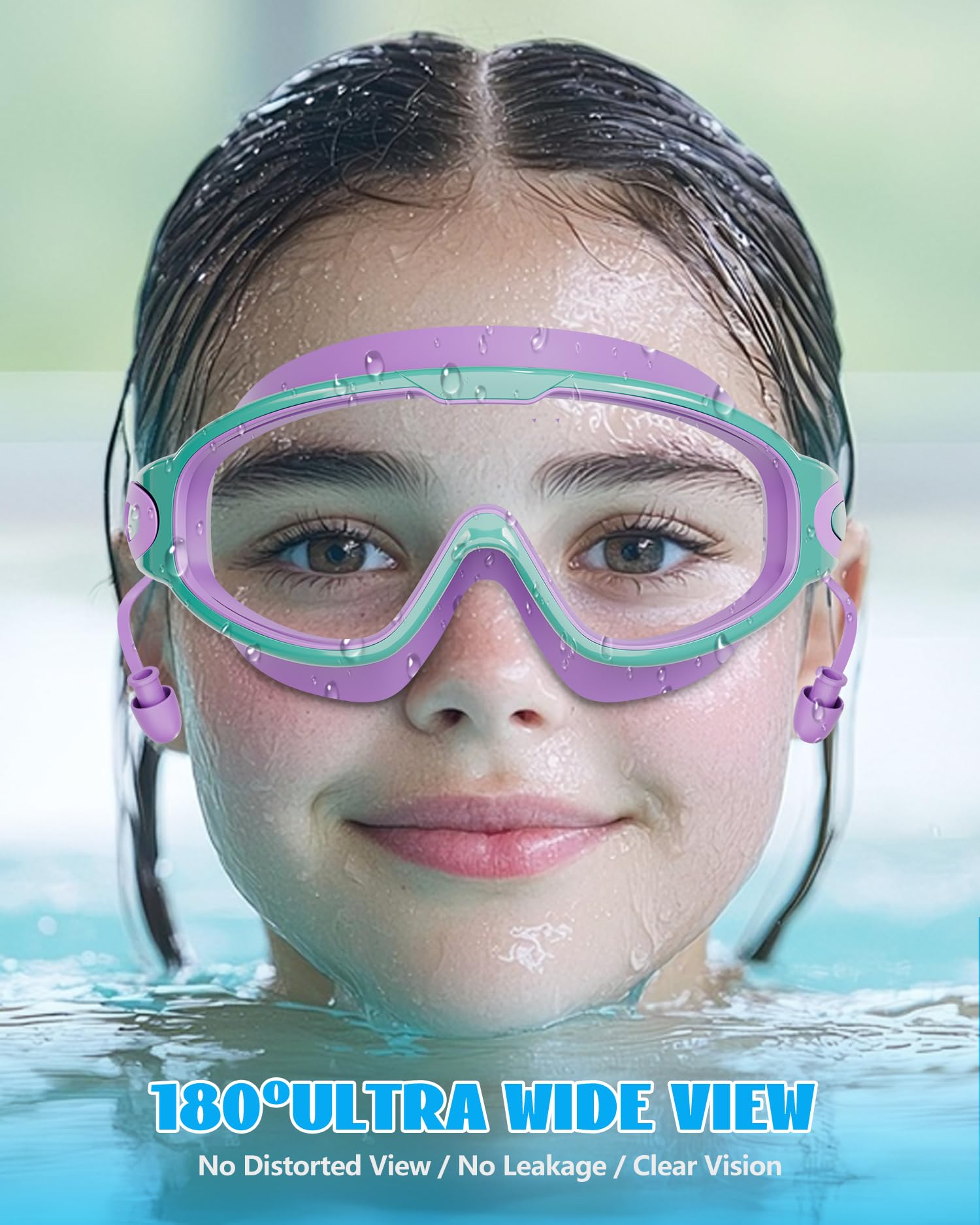 Aegend Occhialini da nuoto per bambini, con ampia vista, anti-appannamento/UV, senza perdite, con tappi per le orecchie, per bambini dai 3 ai 14 anni