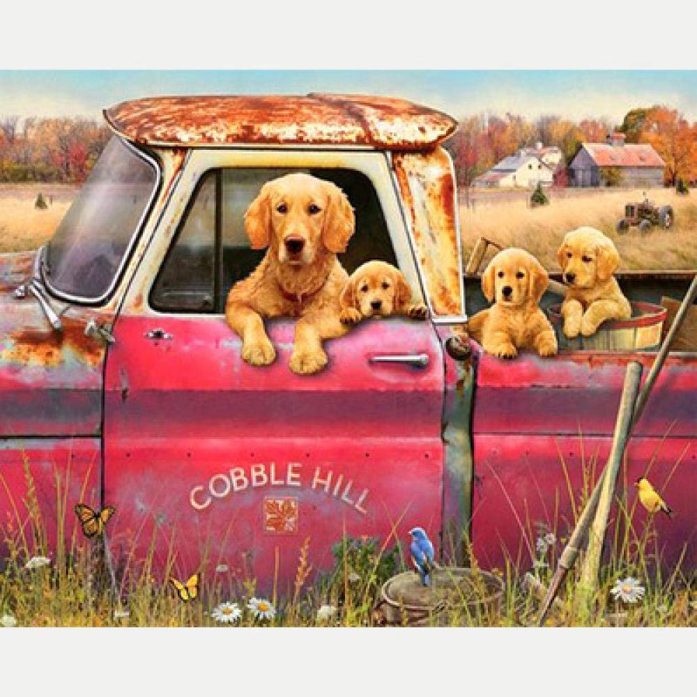Peinture diamant 5D mosaïque premium | Toile carrée camion rose et chien 40x50