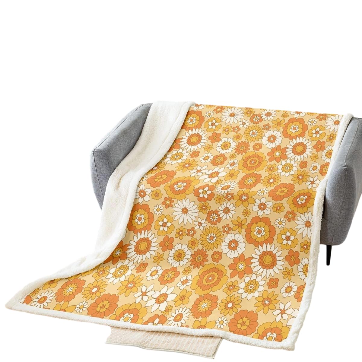 Homewish Multi 04 60S 70S Retro Floral Throw Blanket 40"X50" Beige Groovy Flowers Sherpa Blanket Colorful Hippie Bed Blanket For Bed Couch Vintage Bohemian Colorful Blossom Fleece Blanket