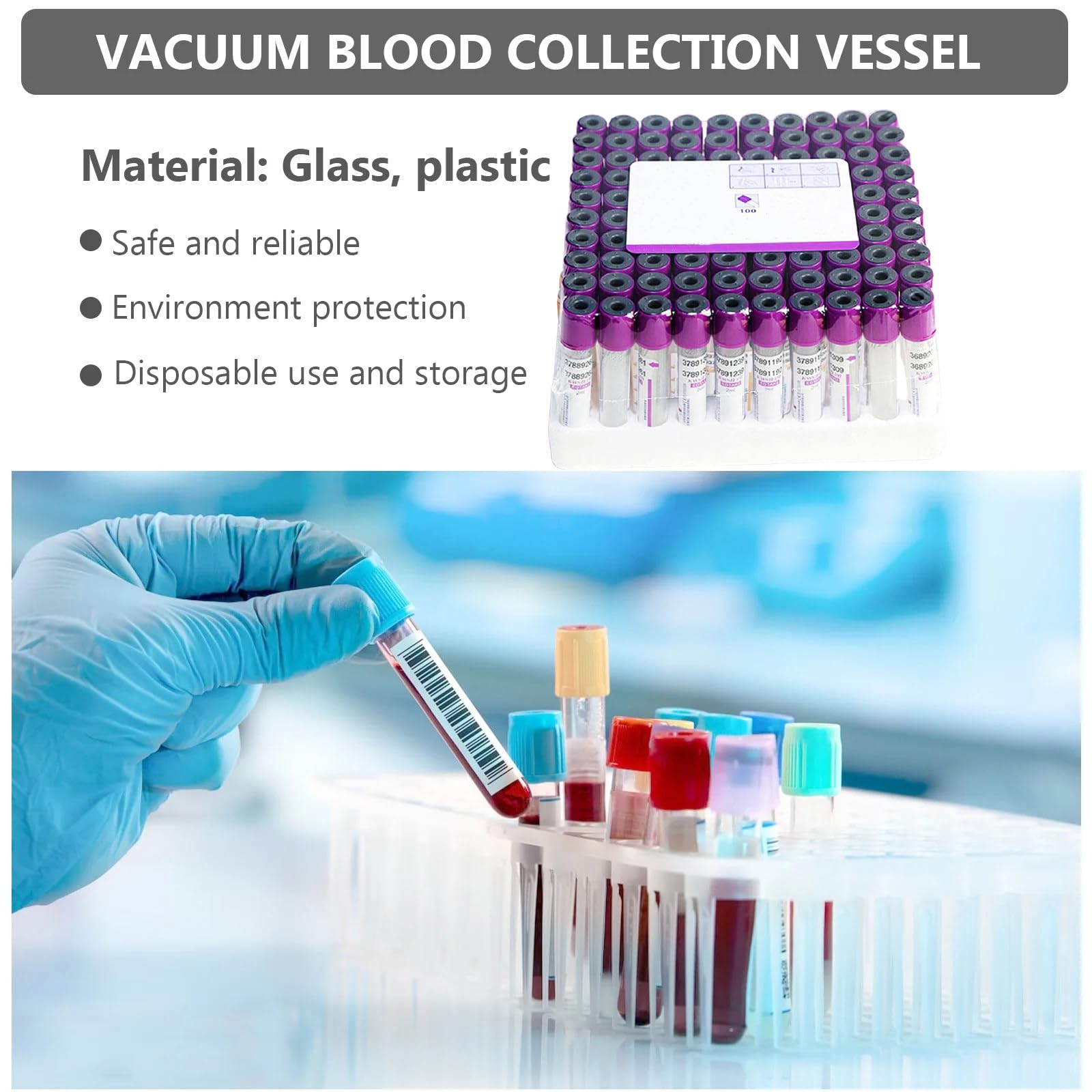 Tubos de extracción de Sangre al vacío para centrífuga - 10 ml con tapón Morado para Uso en Laboratorio.