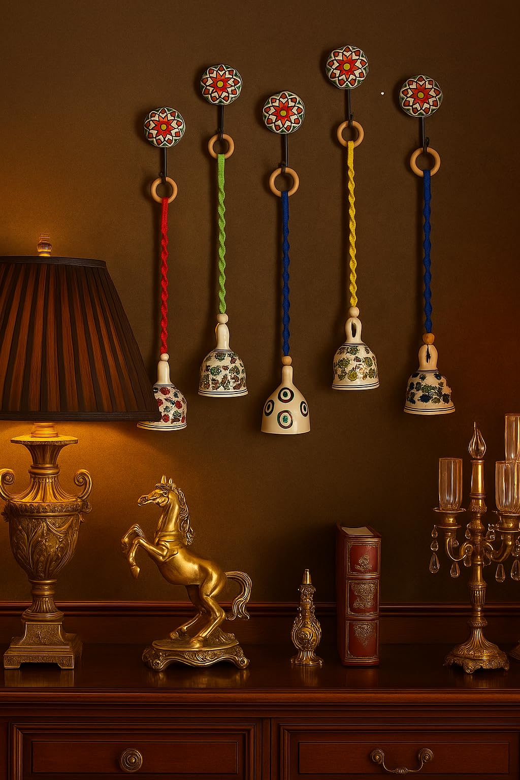 Shopping shots Set of 5 Handcrafted Hand-Painted Ceramic Bells (5") with Macrame & 5 Hooks | Decorative Wall Hanging for Home & Temple