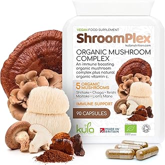 ShroomPlex Organic Mushroom Complex - Immune Boosting Mushroom Blend - 90 ​​High Strength Vegan Capsules with Lions Mane, Shiitake, Chaga, Maitake and Reishi - Plus Organic Black Pepper & Vitamin C