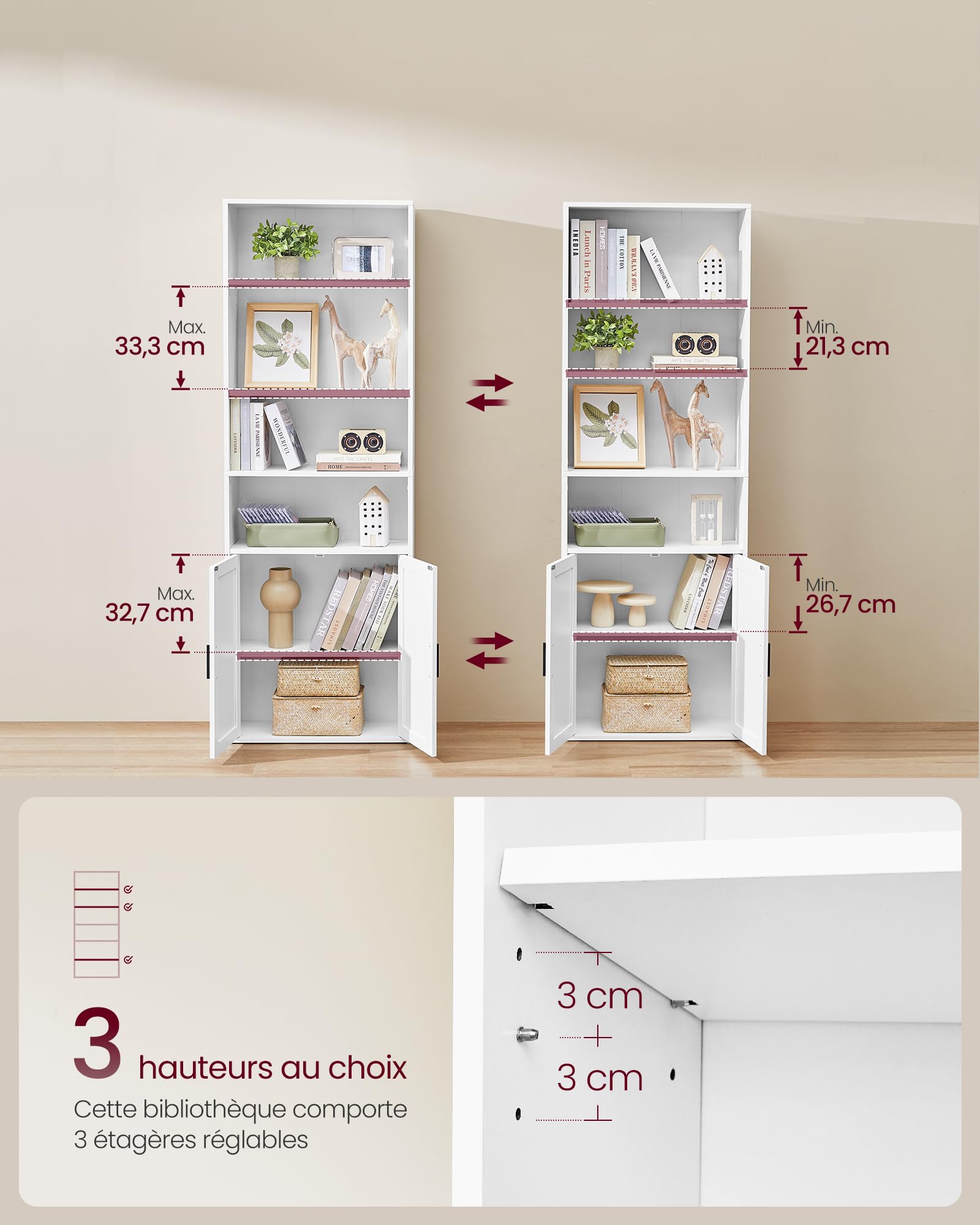 VASAGLE Custos Collection - Bibliothèque, Étagère Haute sur 6 Niveaux, avec Portes, Meuble de Rangement Ouvert, 24 x 60 x 175 cm, pour Salon, Bureau, Salle à Manger, Blanc Nuage LBC402W01