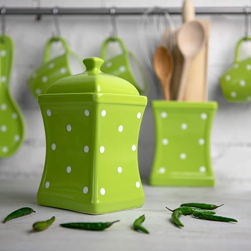 Miniatura 6 de City to Cottage Juego de 10 recipientes de cocina de cerámica de lunares verde lima y blanco hecho a mano, juego de almacenamiento de 10 recipientes