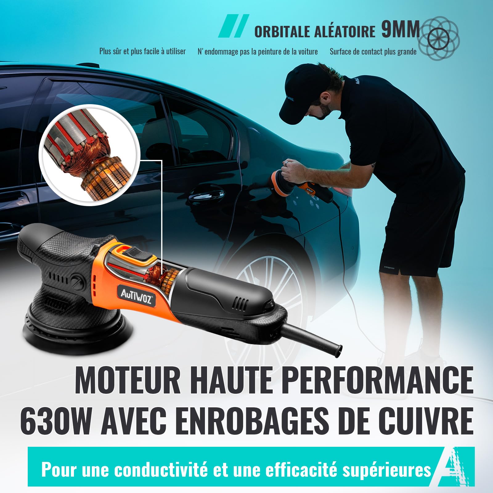 AUTIWOZ 630W Auto Polisseuse Orbitale 9mm,125mm Kit de Machine à Polir | Polisseuse Voiture Compacte Avec 6 Vitesses Variables (2000-6200 tr/min), Pour Automobile,Cirage,Lustrage,Polir,Ponçage - W01
