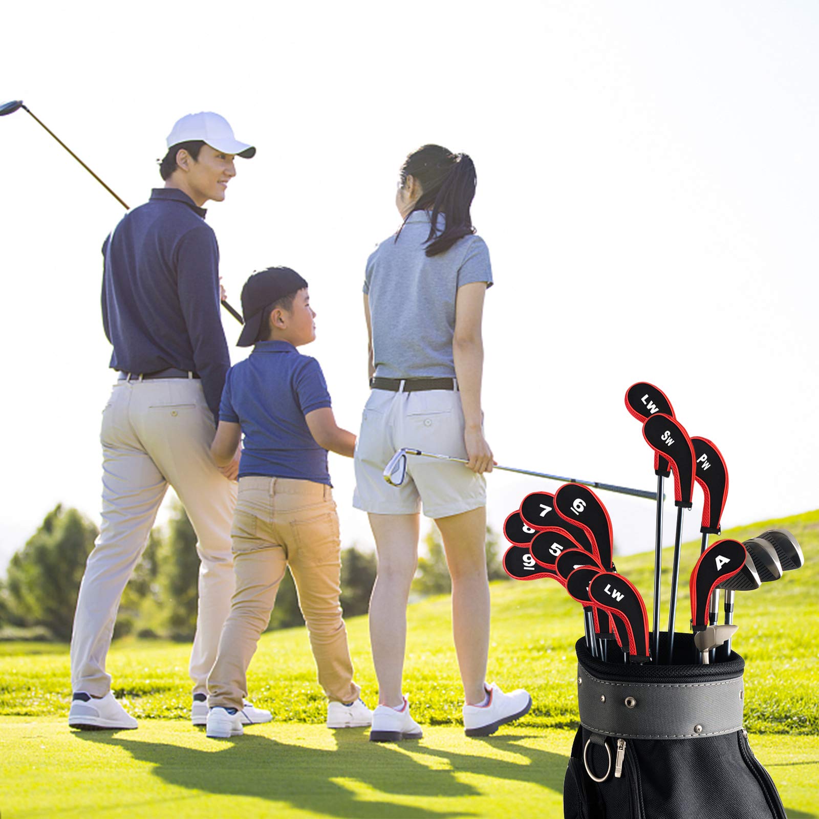 Fundas de Hierro para Palos de Golf 12 Piezas Números 3-9 A/SW/PW Cremallera Cuello Largo Rojo