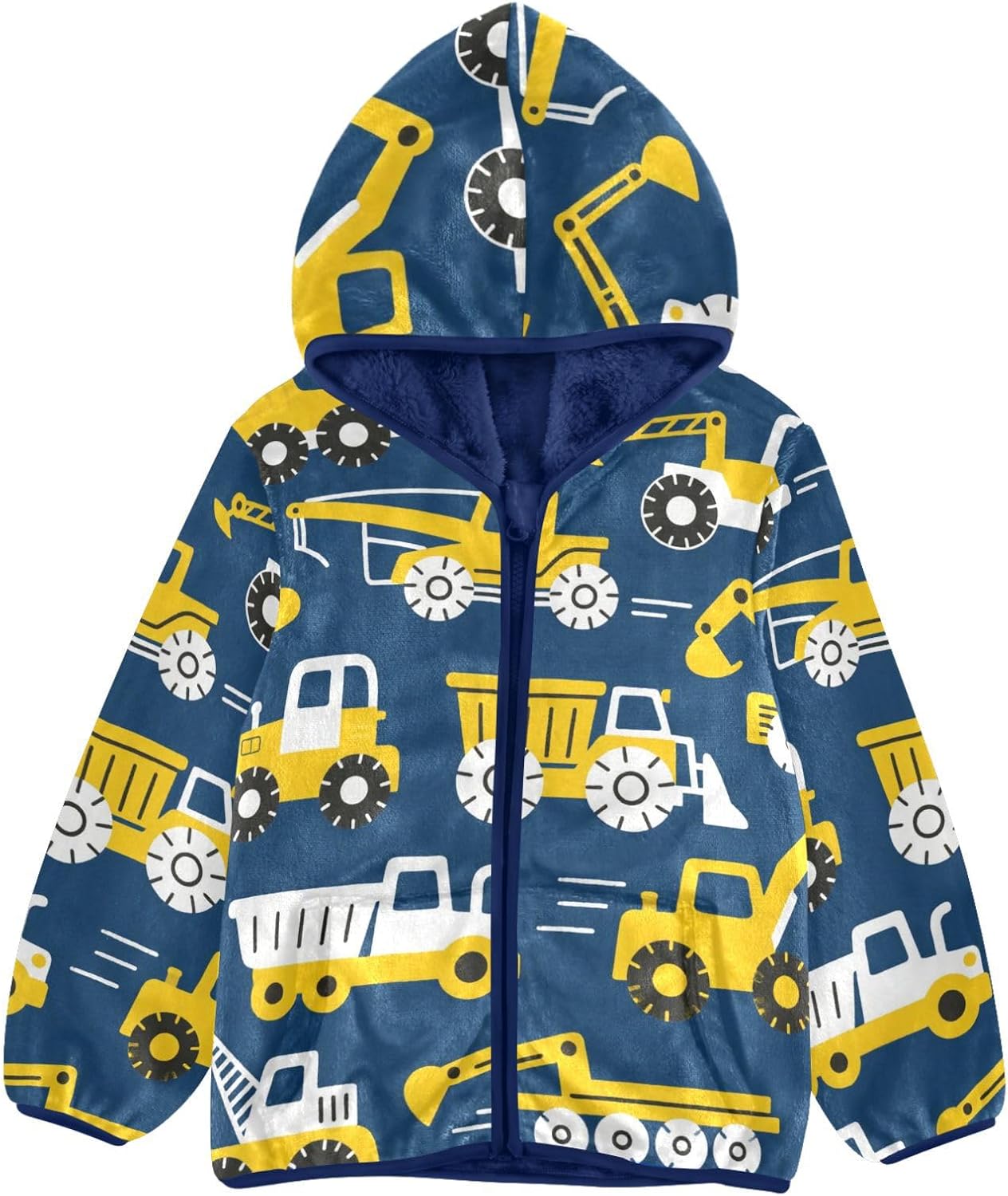 Cartoon Cars Vehicle Dark Blue and Yellow Toddler Boy Fleece Jacket Outerwear Jackets Navy Blue Fall Baby Boy Clothes