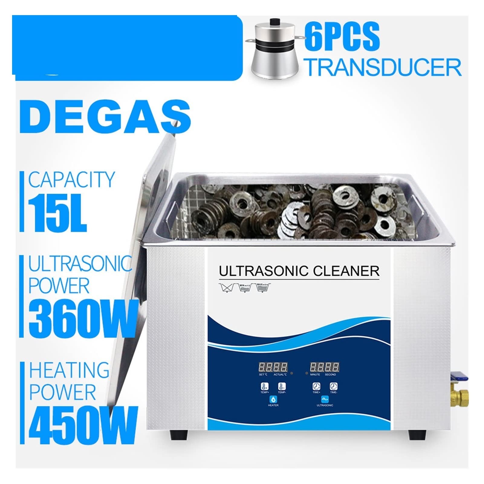Limpiador ultrasónico Limpiador ultrasónico digital 1 5L 540W Temporizador de calentamiento Transductor piezoeléctrico Solución de laboratorio de inyector de boquilla de 40 kHz para uso diario(360W)
