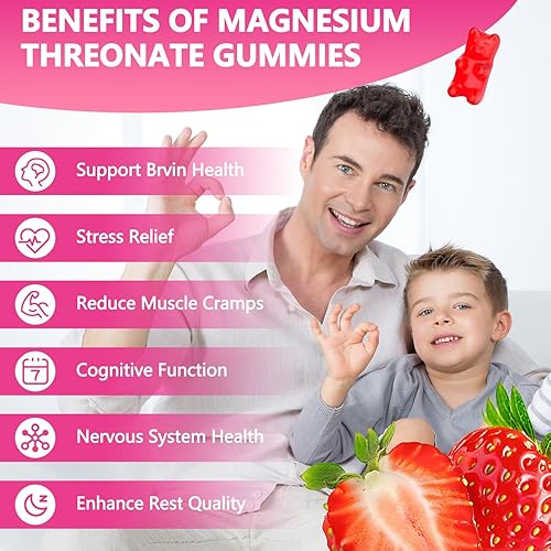Miniatura 3 de Gomitas de treonato de magnesio, suplemento de magnesio, sabor a fresa, 60gomitas, 250 mg de magnesio por gomita, salud muscular y nerviosa, alivio